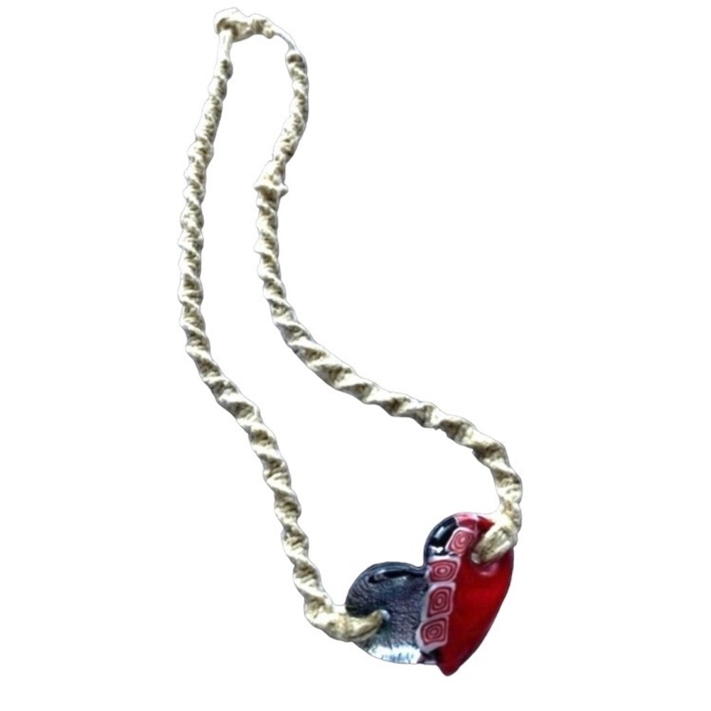 Artesian Glass Heart Macramé Cord Necklace Boho Bohemian Hippie Necklace VTG